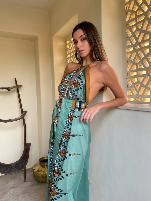 boho dress turquoise Turquoise Green Maxi Dress: Boho Chic Poly-silk Kaftan