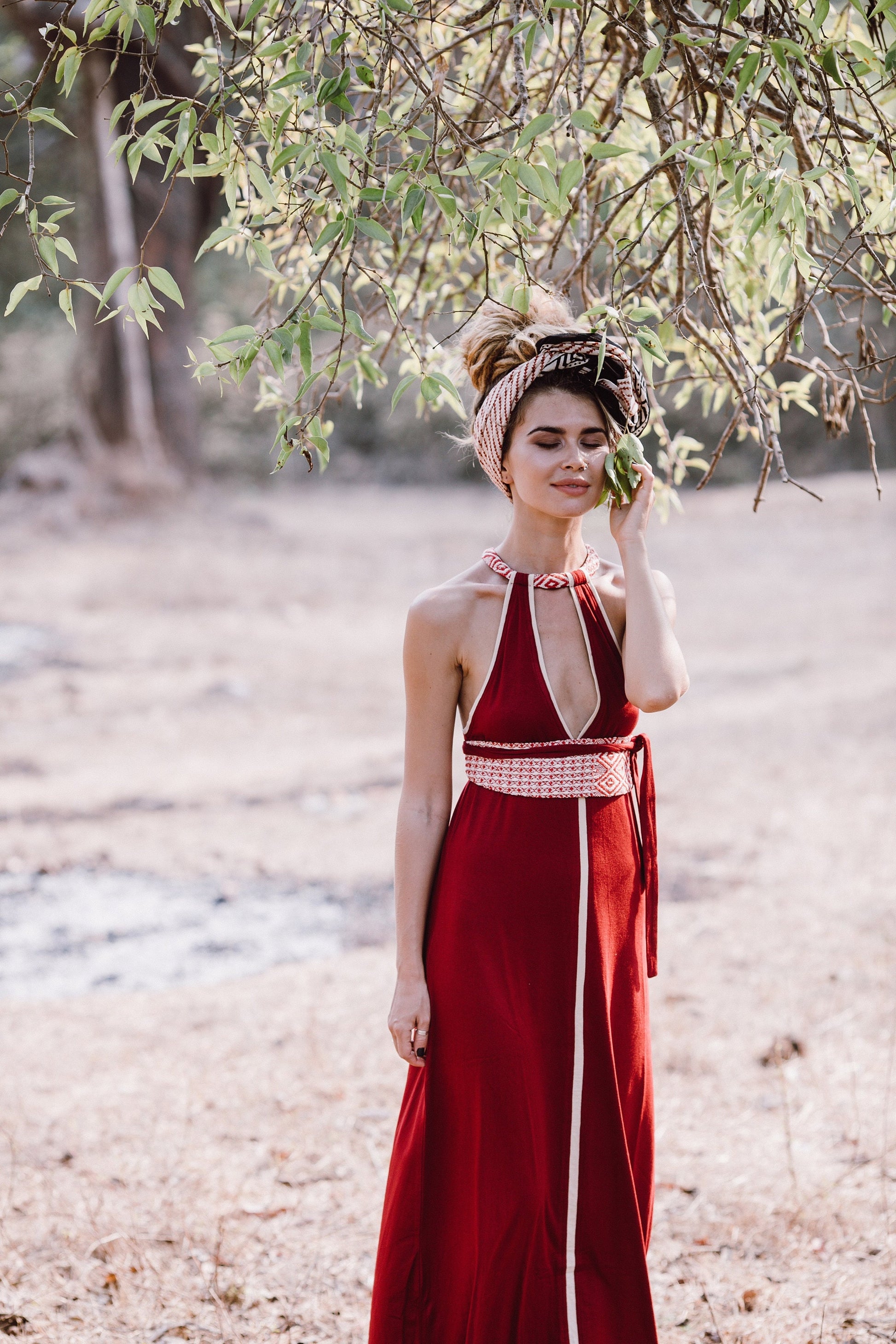 red bohemian dress Red Boho Bridesmaid Dress Minimalist Adjustable Maxi Handmade Embroidery Open Back